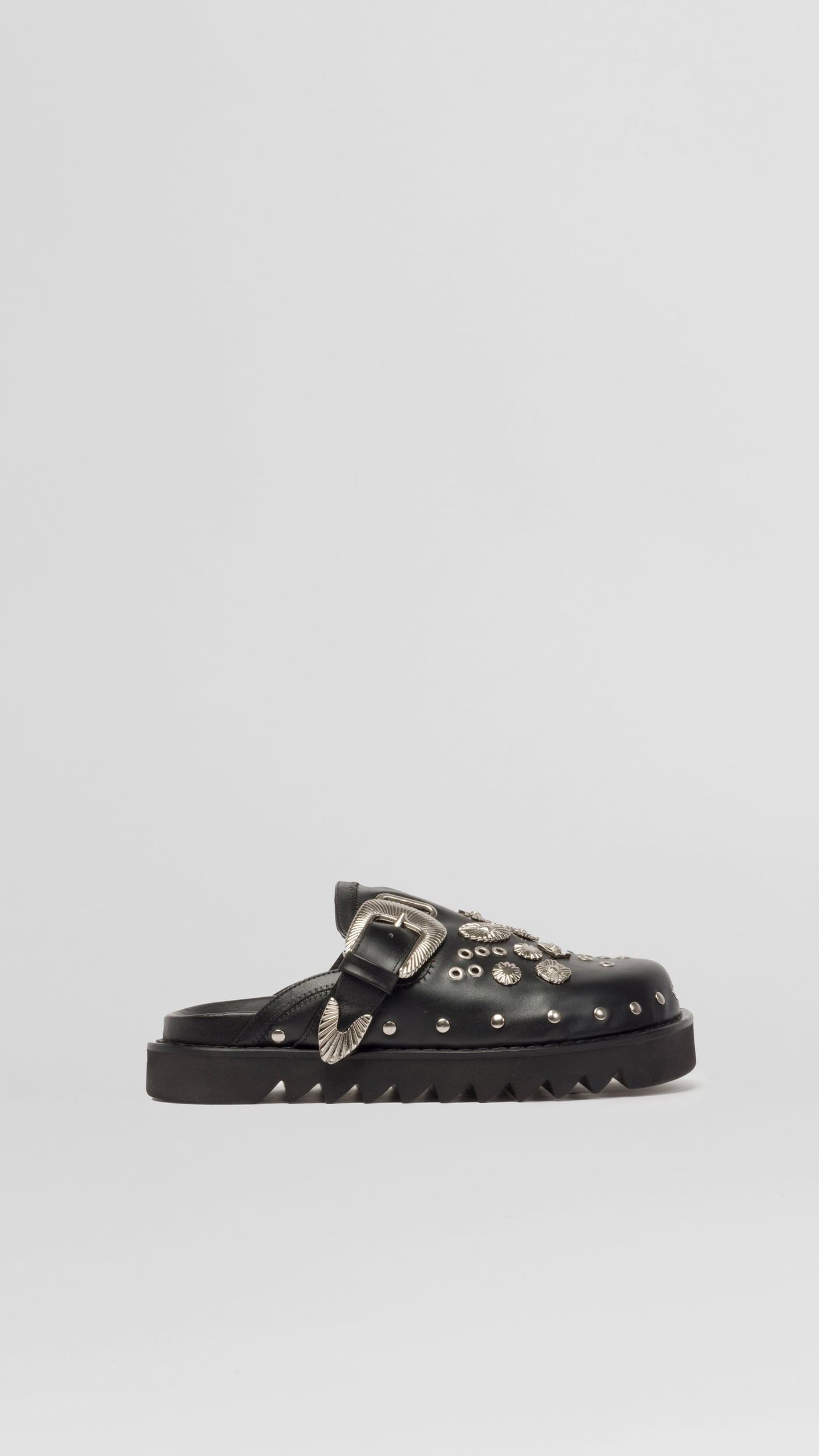 TOGA Pulla Black Studded Leather Clogs with Silver Hardware Eyelet Metal Sabot in Black | TOGA Archives | Covet + Lou  main image 2
